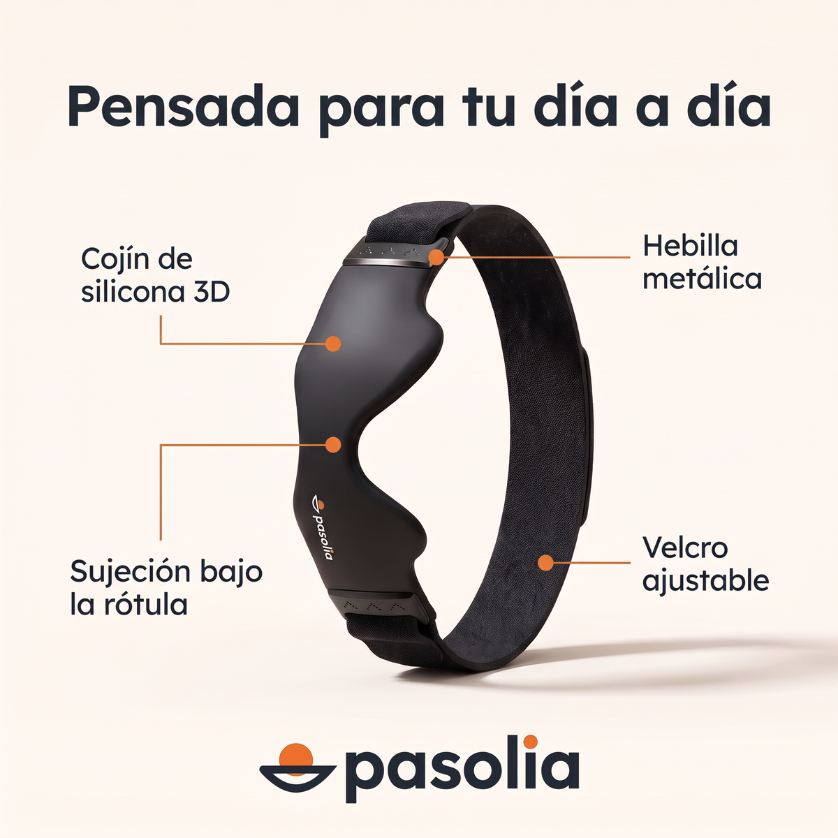Partes de la cinta Pasolia: cojín de silicona, cinta elástica y hebilla metálica