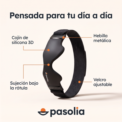Partes de la cinta Pasolia: cojín de silicona, cinta elástica y hebilla metálica