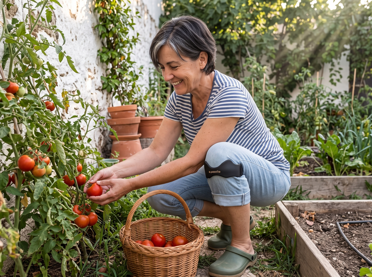 Mujer agachada en su huerto recogiendo tomates con la cinta de rodilla Pasolia