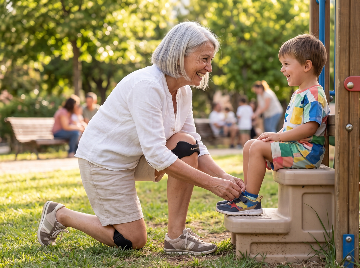 Abuela atando los cordones a su nieto en el parque con la cinta de rodilla Pasolia