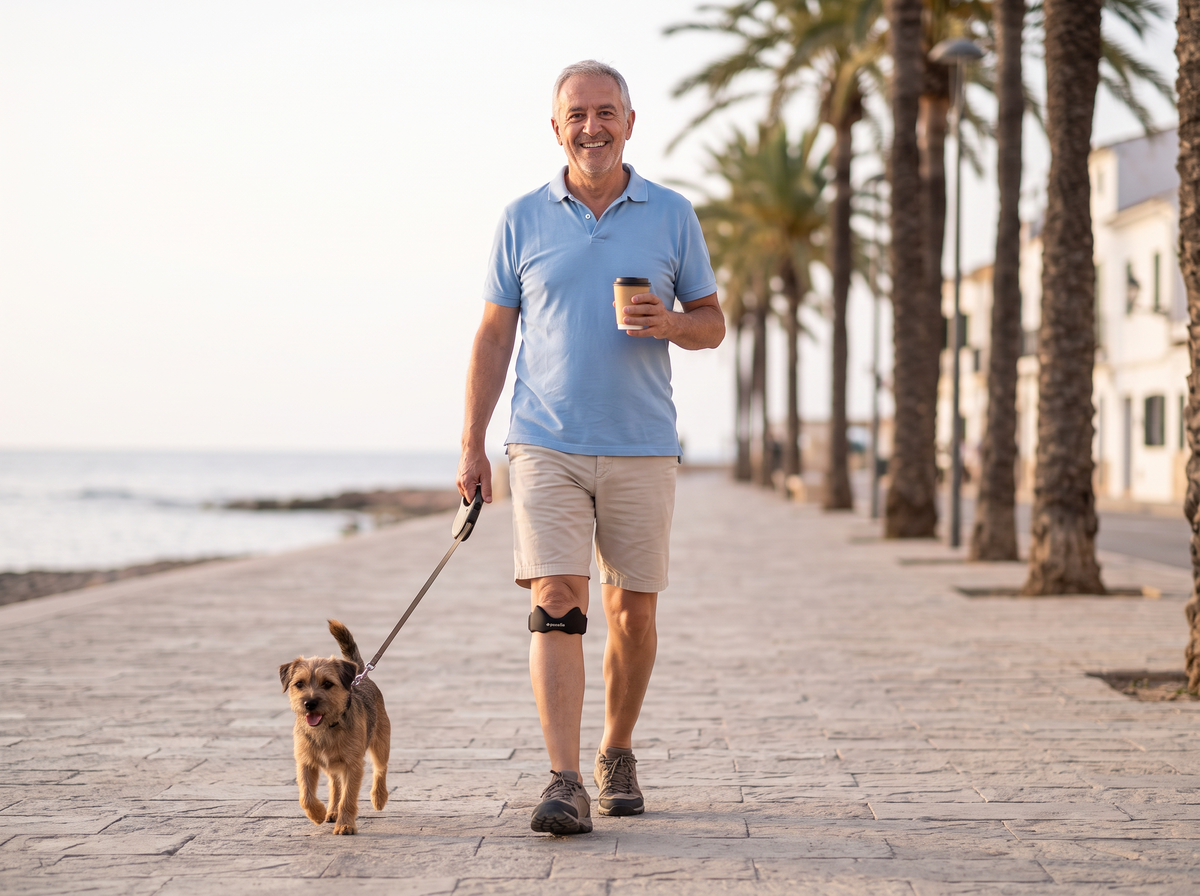 Hombre paseando al perro por el paseo marítimo con la cinta de rodilla Pasolia